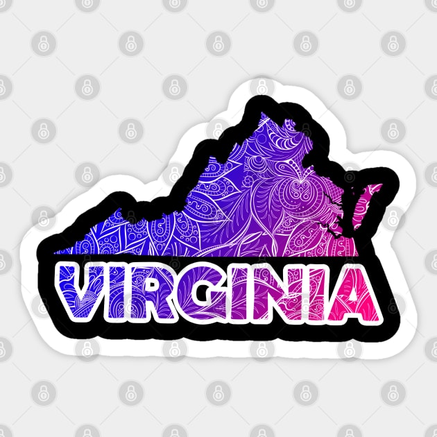 Colorful mandala art map of Virginia with text in blue and violet Sticker by Happy Citizen